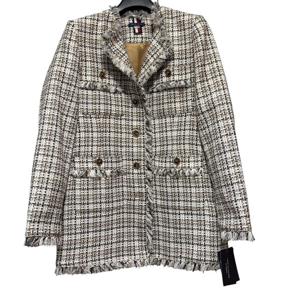 Tommy Hilfiger Womens Tweed Blazer Jacket Size 10 Fringed Trim Button Front NWT - Picture 1 of 15